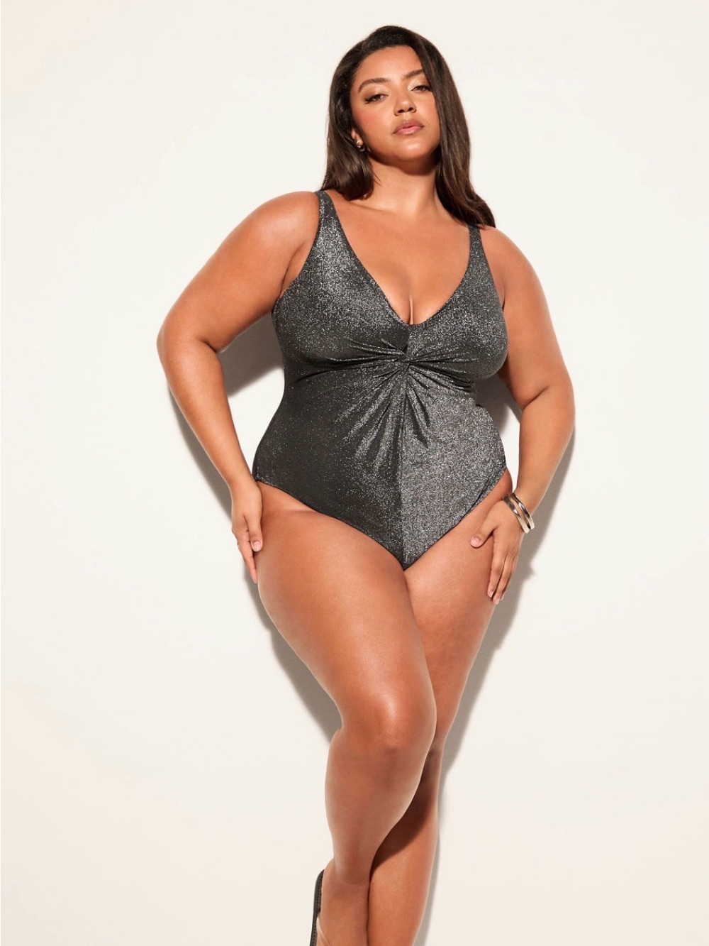 YITTY Fabletics Metallic One Piece Swimsuit 2X Black Silver Plunge Twist Front